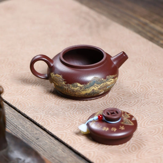 宜兴紫砂茶壶【金绘江山】(石红 - 180ml)