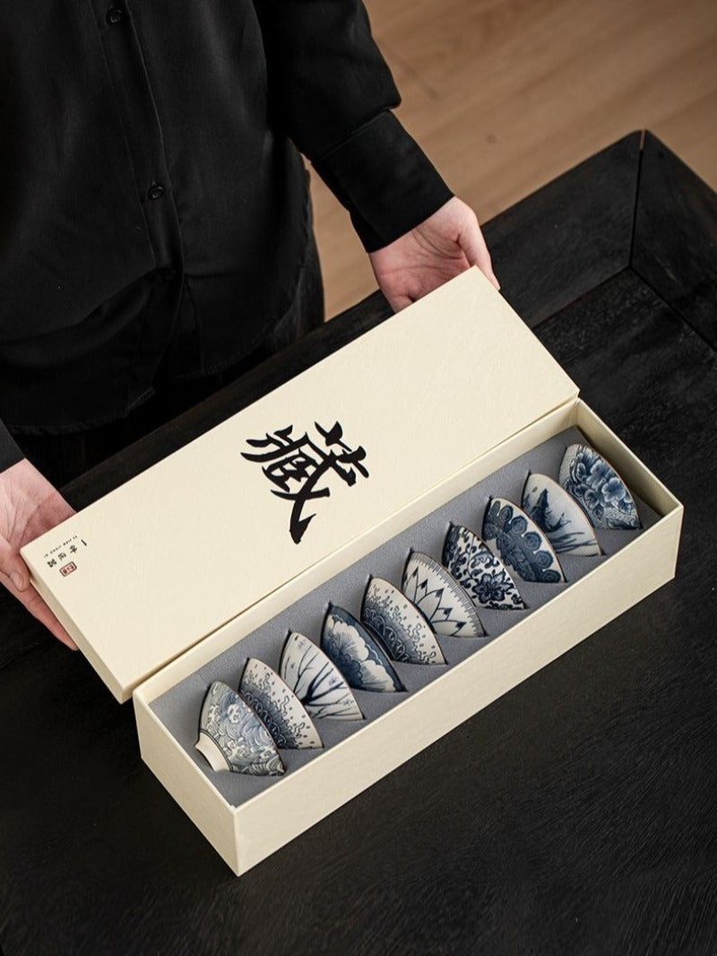 陶瓷复古青花瓷 品茗杯 斗笠杯 10只套装 70ml