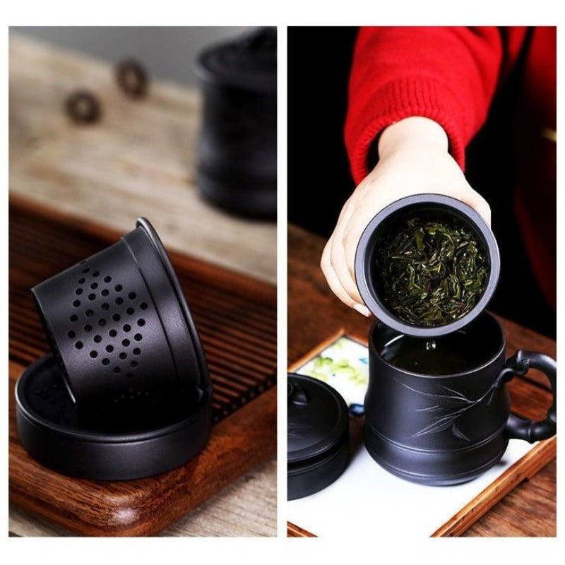 宜兴紫砂茶杯带滤网【竹】5件套装(黑泥 - 480ml)