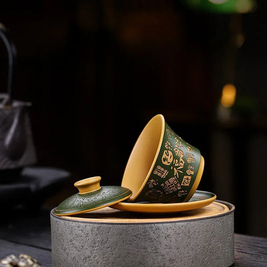 master-handmade-yixing-zisha-gaiwan-hundred-blessings-huangjin-duan-ni-150ml-yiqin-tea-house-yiqinteahouse-com-2 - YIQIN TEA HOUSE 一沁茶舍 yiqinteahouse.com