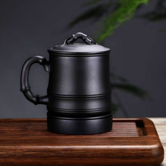Cawan Teh Zisha Yixing dengan Penapis 【Bambu】 Set 5 Pcs (Hei Ni - 480ml)