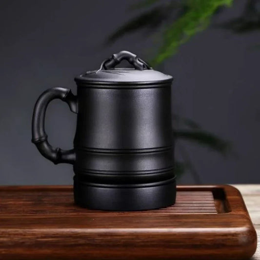 宜兴紫砂茶杯带滤网【竹】5件套装(黑泥 - 480ml)