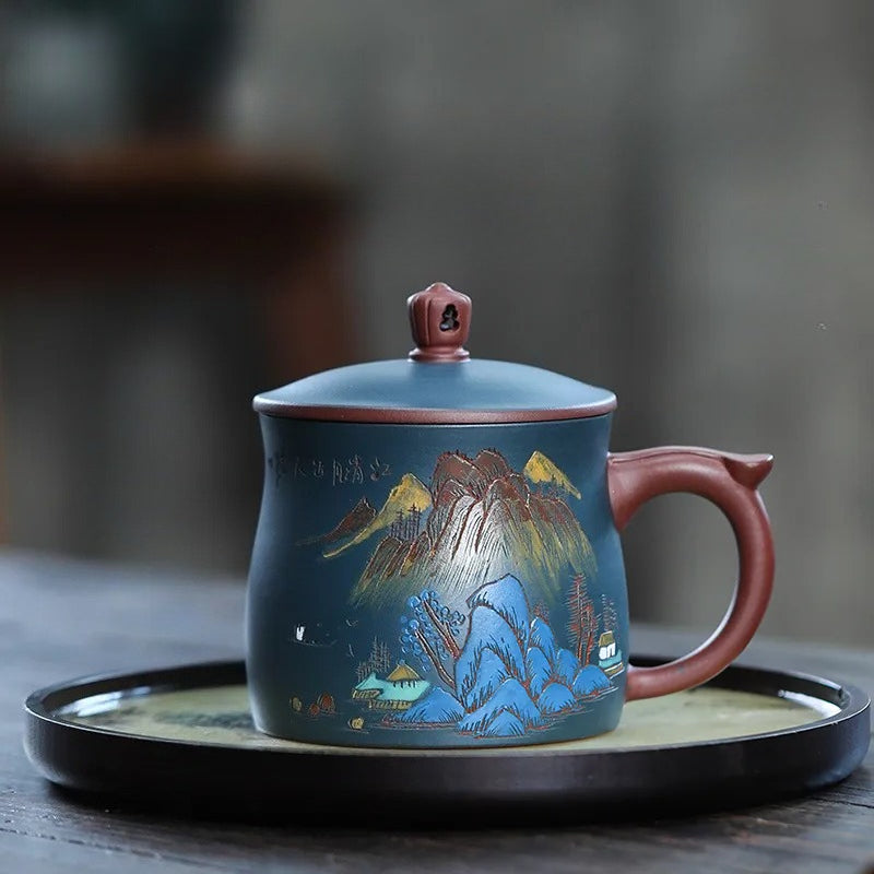 宜兴紫砂 [陶刻听海观涛/泥绘山水] 盖杯 500ml