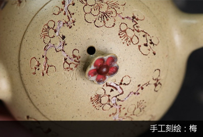 全手工宜兴紫砂茶壶 [踏雪寻梅] (本山绿泥 - 150ml)