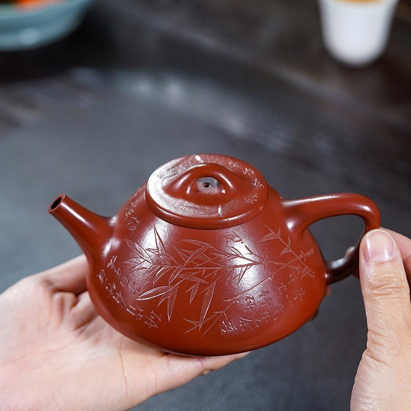 全手工宜兴紫砂茶壶【竹影子冶石瓢】（大红袍 - 300ml）