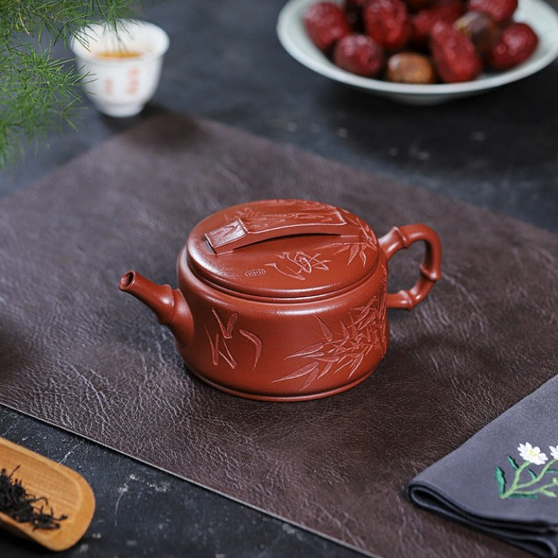 全手工宜兴紫砂茶壶 [竹海飘香汉瓦] (红皮龙 - 320ml)