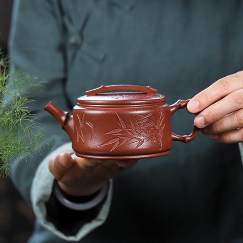 全手工宜兴紫砂茶壶 [竹海飘香汉瓦] (红皮龙 - 320ml)