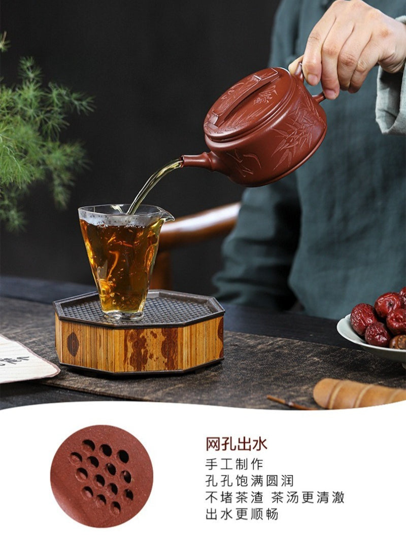 全手工宜兴紫砂茶壶 [竹海飘香汉瓦] (红皮龙 - 320ml)