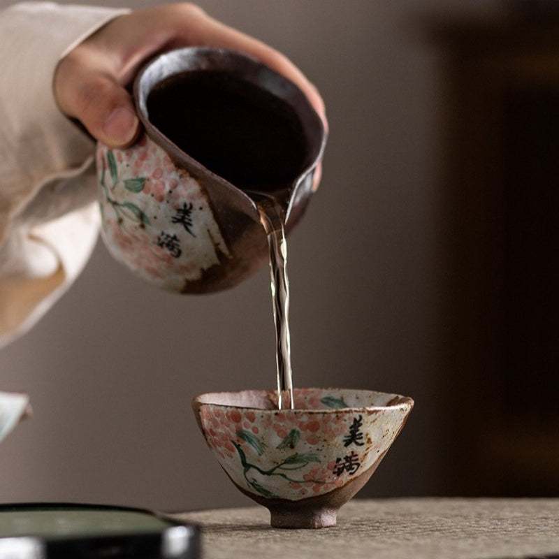 Juego de tazas de té Gaiwan de cerámica floral, pintadas a mano y horneadas a leña [Felicidad]
