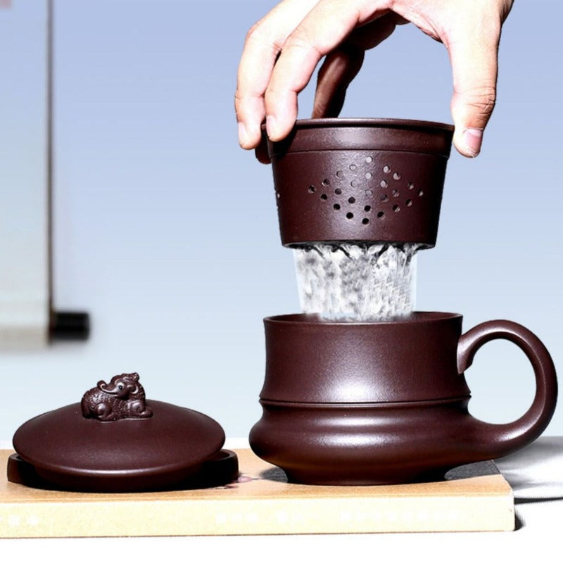 宜兴紫砂手工 [御龙] (带茶滤) 盖杯 (紫泥 - 410ml)