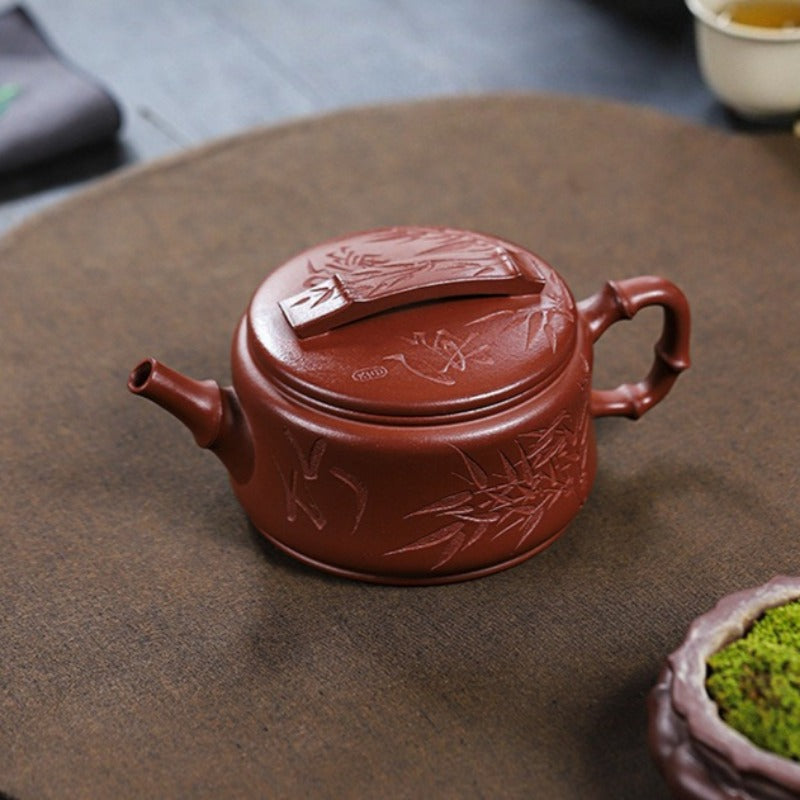 全手工宜兴紫砂茶壶 [竹海飘香汉瓦] (红皮龙 - 320ml)