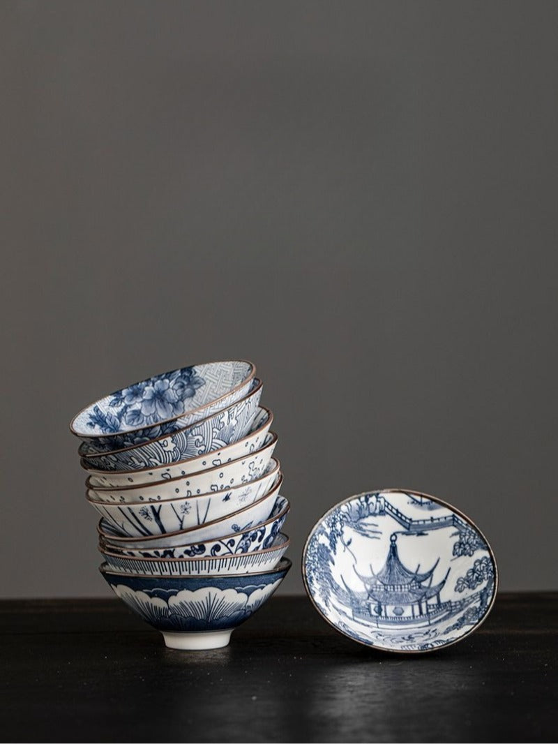Service à thé cadeau rétro en porcelaine bleue et blanche de 10 pièces, tasses de 70 ml