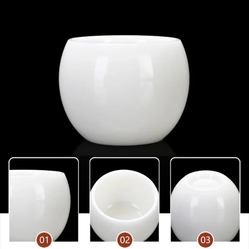 A glossy white ceramic cup with a rounded, bowl-like shape, shown on a black background with three inset detail views labeled 01, 02, and 03 at the bottom.

