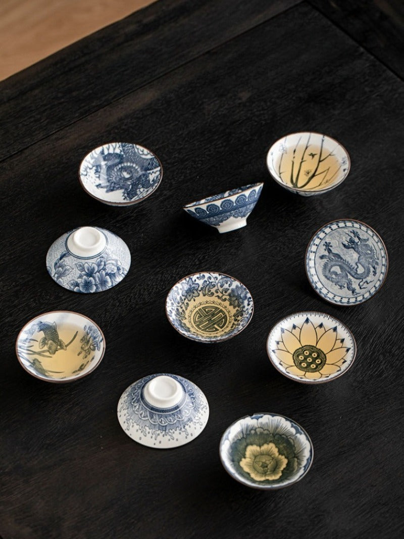 Service à thé cadeau rétro en porcelaine bleue et blanche de 10 pièces, tasses de 70 ml