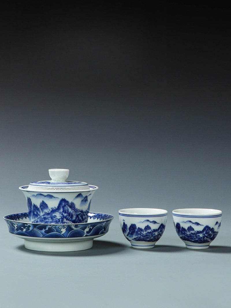 Ancient Celadon Style Ceramic [Qianli Jiangshan] Sancai Gaiwan Set 190ml