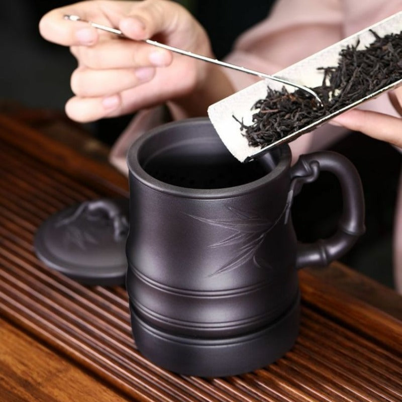Yixing Zisha Tea Mug with Infuser [Bamboo] 5pcs Set (Hei Ni - 480ml)