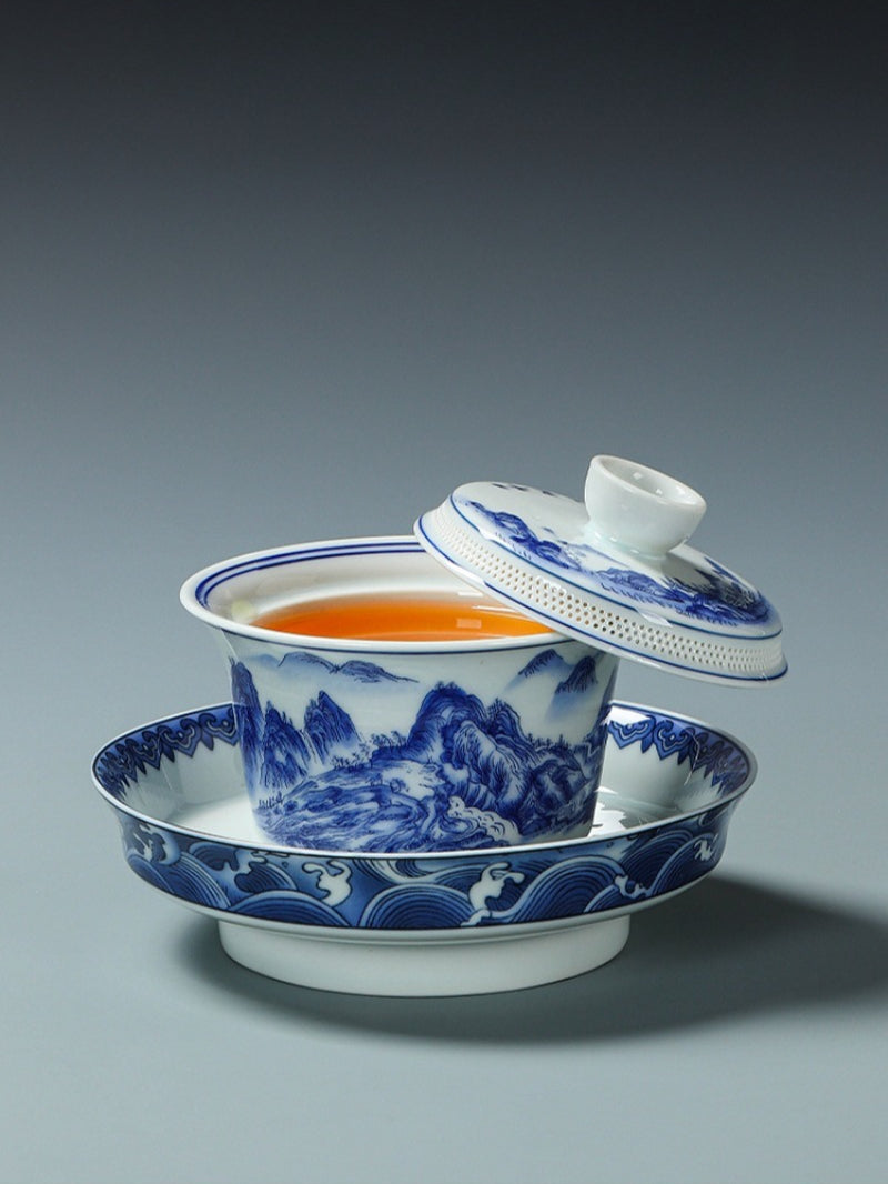 Ancient Celadon Style Ceramic [Qianli Jiangshan] Sancai Gaiwan Set 190ml