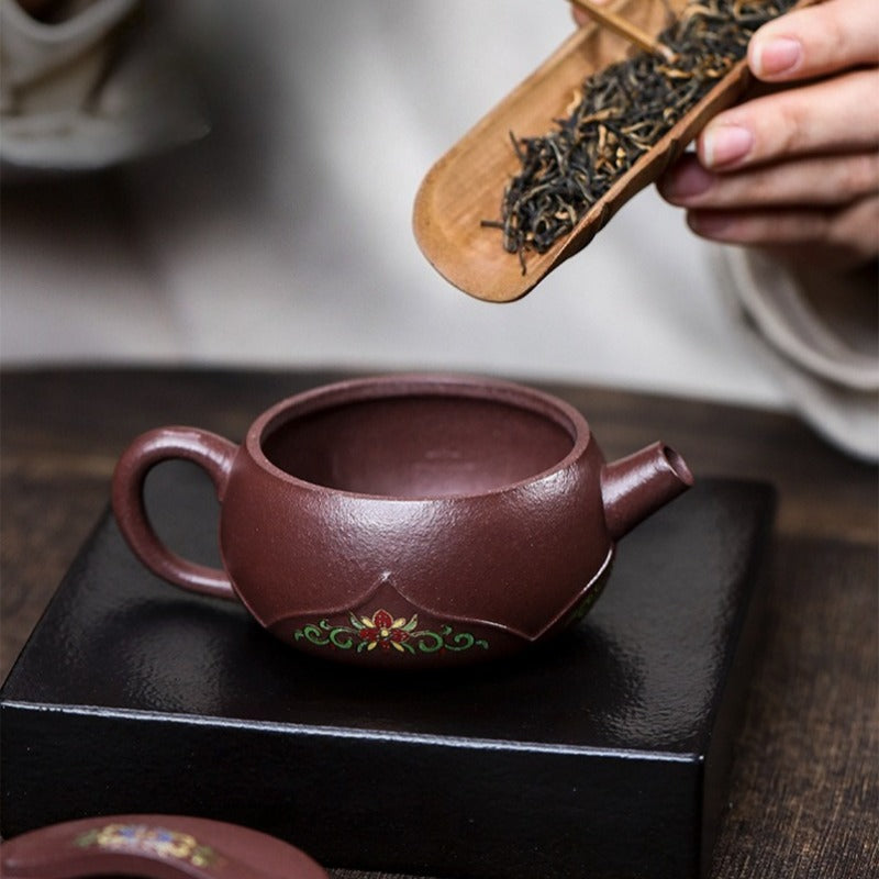 全手工宜兴紫砂茶壶 [竹影莲花] (30目紫泥 - 170ml)