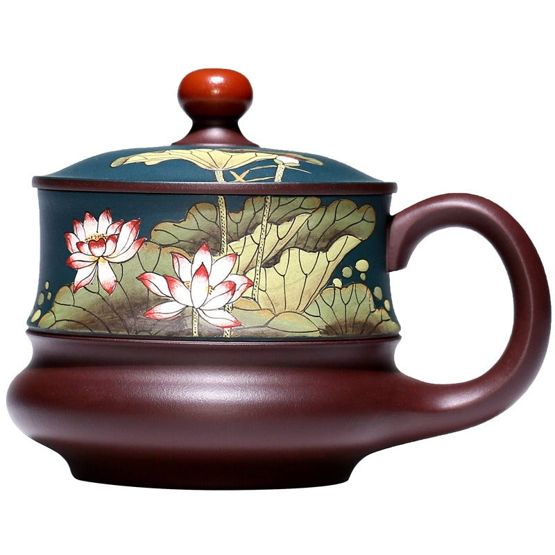 宜兴紫砂手工 [荷风] 盖杯 (绿泥/紫泥 - 420ml)