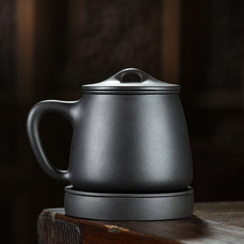 宜兴紫砂 原矿黑泥 手工刻绘 [腾龙石瓢] (带茶滤/茶水分离) 盖杯 560ml