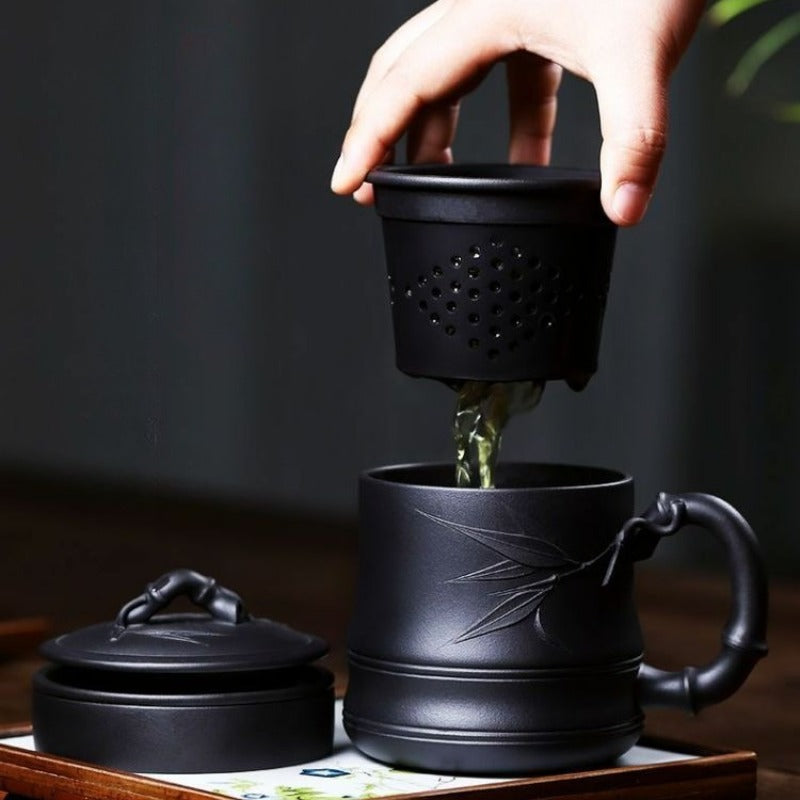 Yixing Zisha Tea Mug with Infuser [Bamboo] 5pcs Set (Hei Ni - 480ml)