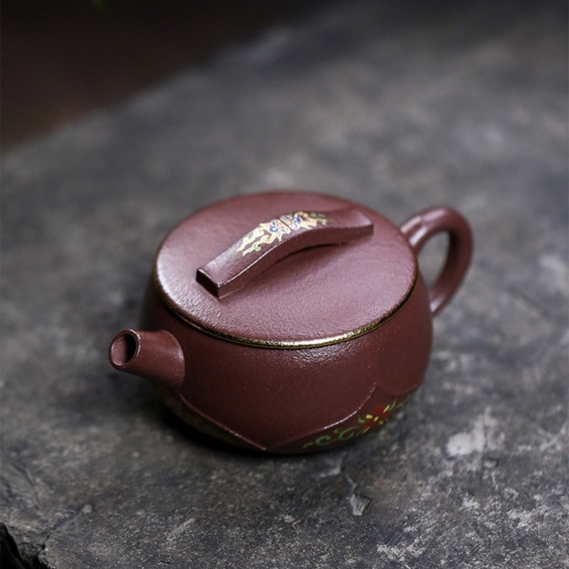 全手工宜兴紫砂茶壶 [竹影莲花] (30目紫泥 - 170ml)