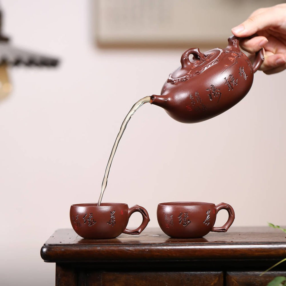 Ensemble de théière Yixing Zisha entièrement fait à la main [Guan Yun Ting Tao] (Di Cao Qing - 300 ml)