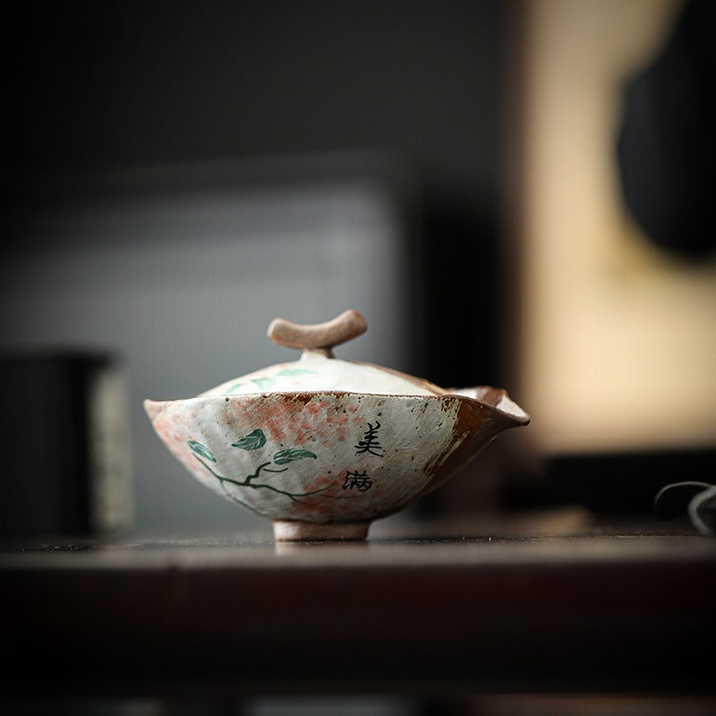 Firewood Fired Hand-painted Floral Ceramic Gaiwan / Tea Cup Set [Happiness] - YIQIN TEA HOUSE | yiqinteahouse.com | ceramic teapot, gaiwan, tea cup, teaware, teaware set