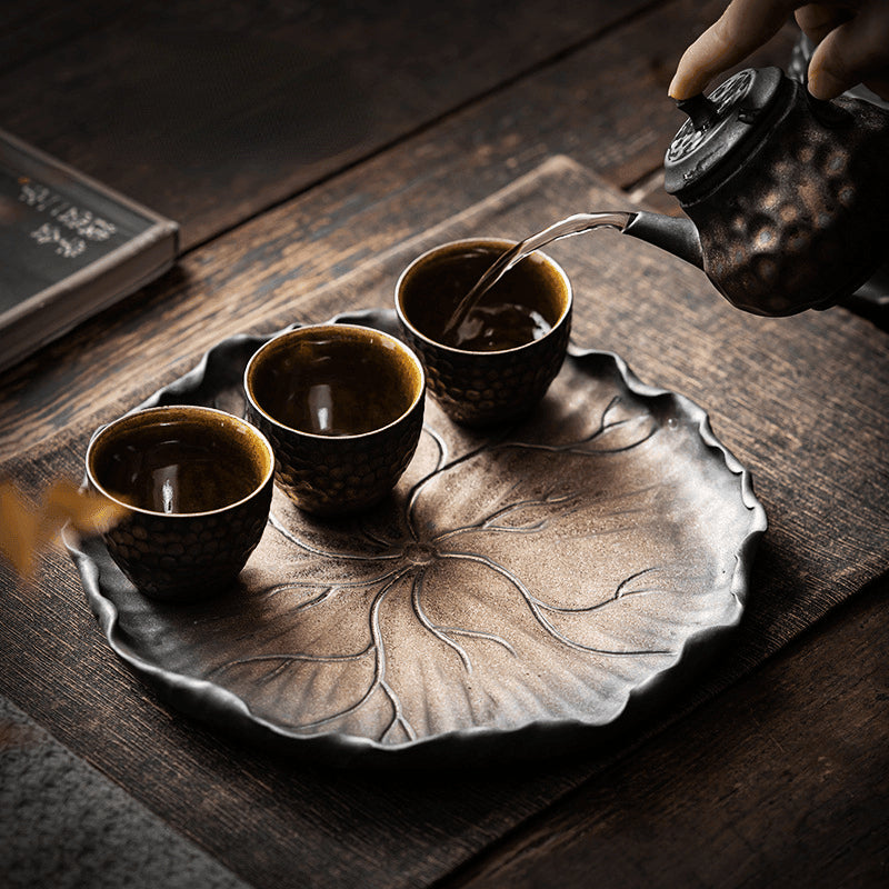 复古鎏金铁釉陶瓷 [荷叶] 干泡盘 茶盘