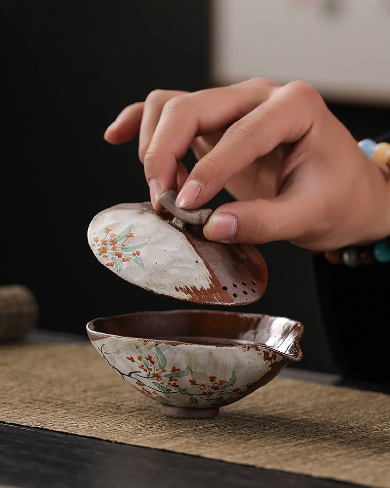 Firewood Fired Hand-painted Floral Ceramic Gaiwan / Fair Cup / Tea Cup - YIQIN TEA HOUSE | yiqinteahouse.com | ceramic teapot, fair cup, gaiwan, tea cup, teapot, teaware