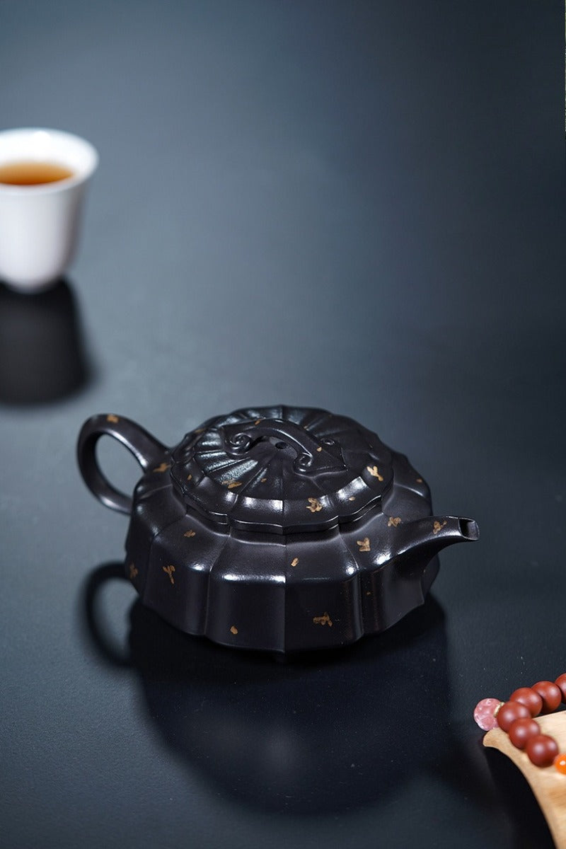Vollständig handgefertigte Yixing-Zisha-Teekanne [Jinwen Zhou Pan] (Reduzierend gebrannter Zhu Ni - 240 ml)