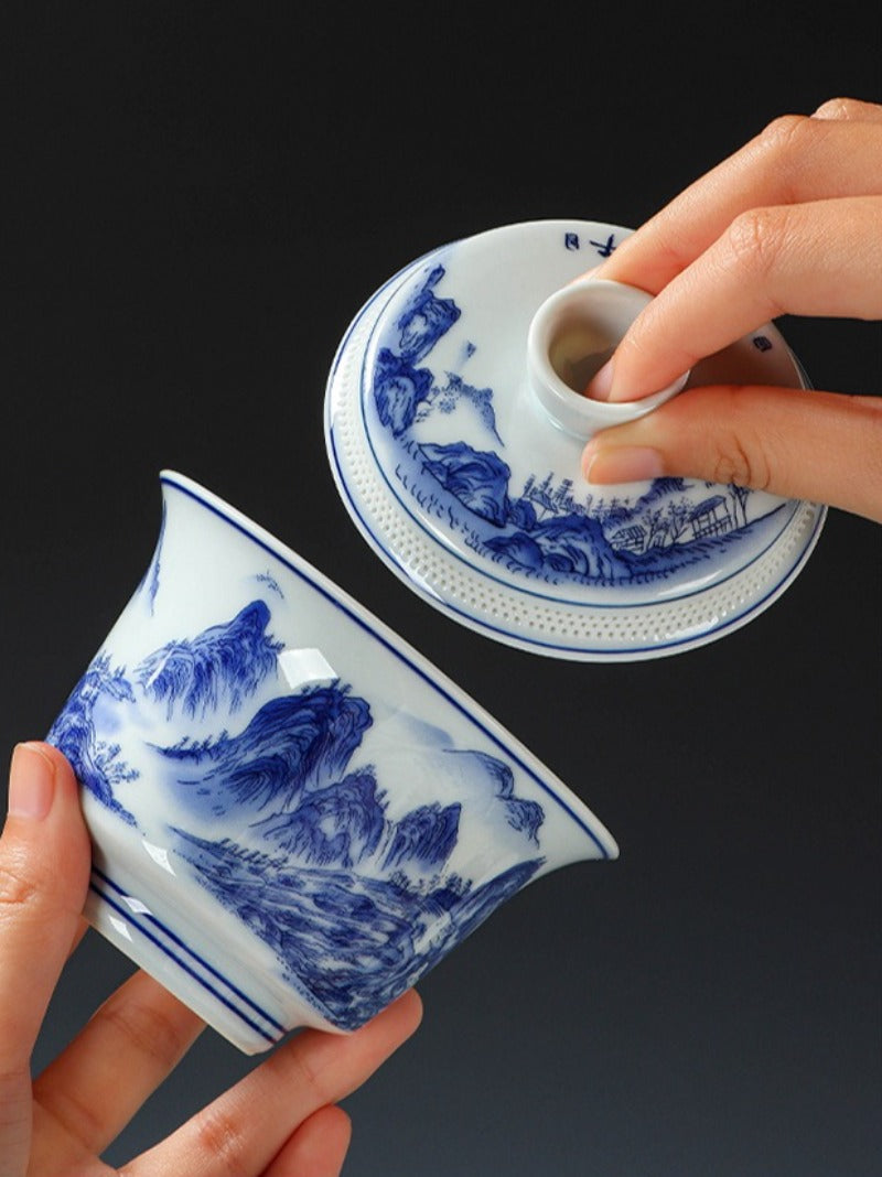 Ancient Celadon Style Ceramic [Qianli Jiangshan] Sancai Gaiwan Set 190ml