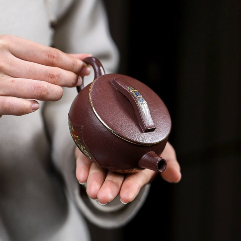 全手工宜兴紫砂茶壶 [竹影莲花] (30目紫泥 - 170ml)