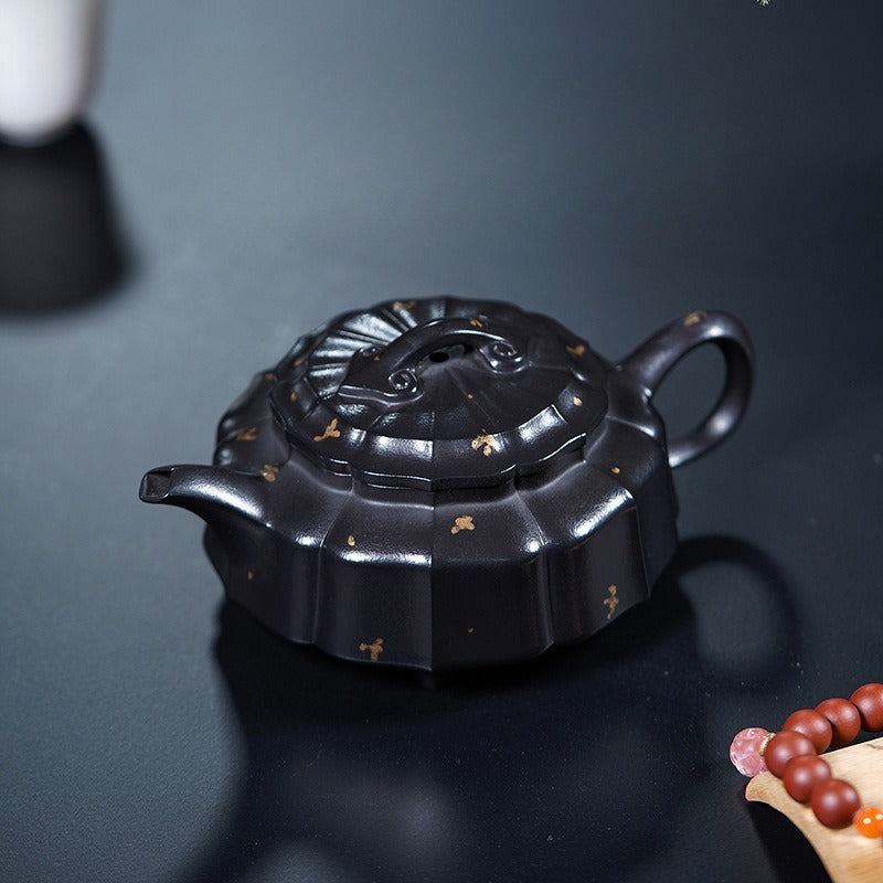 Vollständig handgefertigte Yixing-Zisha-Teekanne [Jinwen Zhou Pan] (Reduzierend gebrannter Zhu Ni - 240 ml)