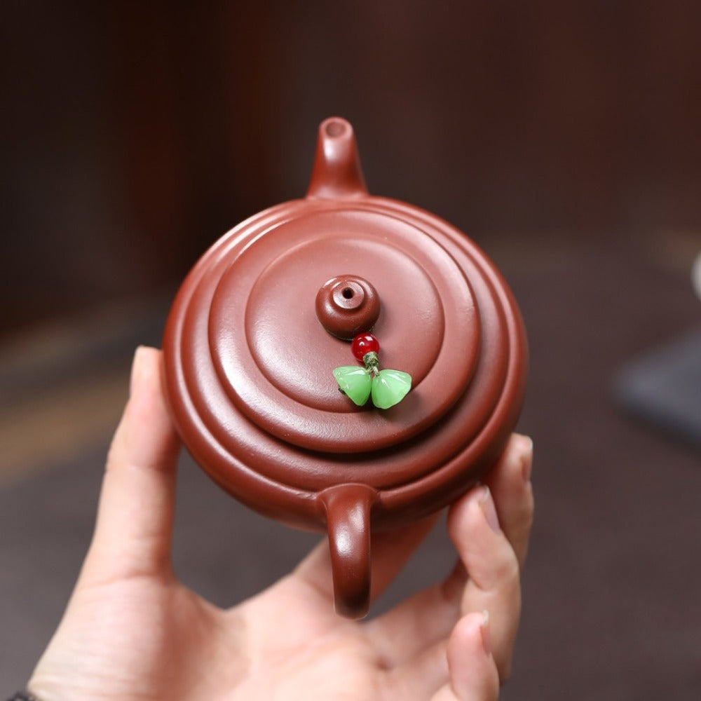 宜兴紫砂茶壶 [扁樱观红] (红皮龙 - 130ml)