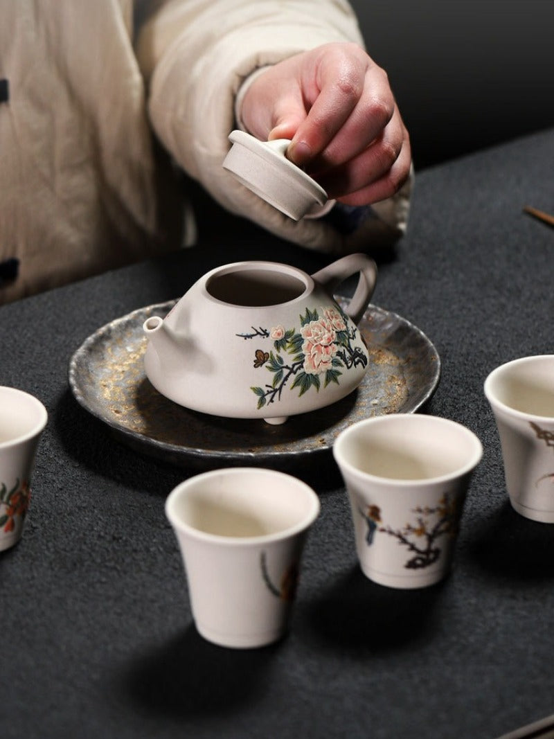 Full Handmade Yixing Zisha Teapot [Flowers Collection] 1 Pot 4 Cups Set (Bei Duan Ni - 245ml)