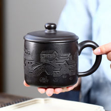 Load image into Gallery viewer, Handmade Yixing Zisha Tea Mug [Yi Jiangnan] | 手工宜兴紫砂 原矿石黄 手工刻绘 [忆江南] 盖杯
