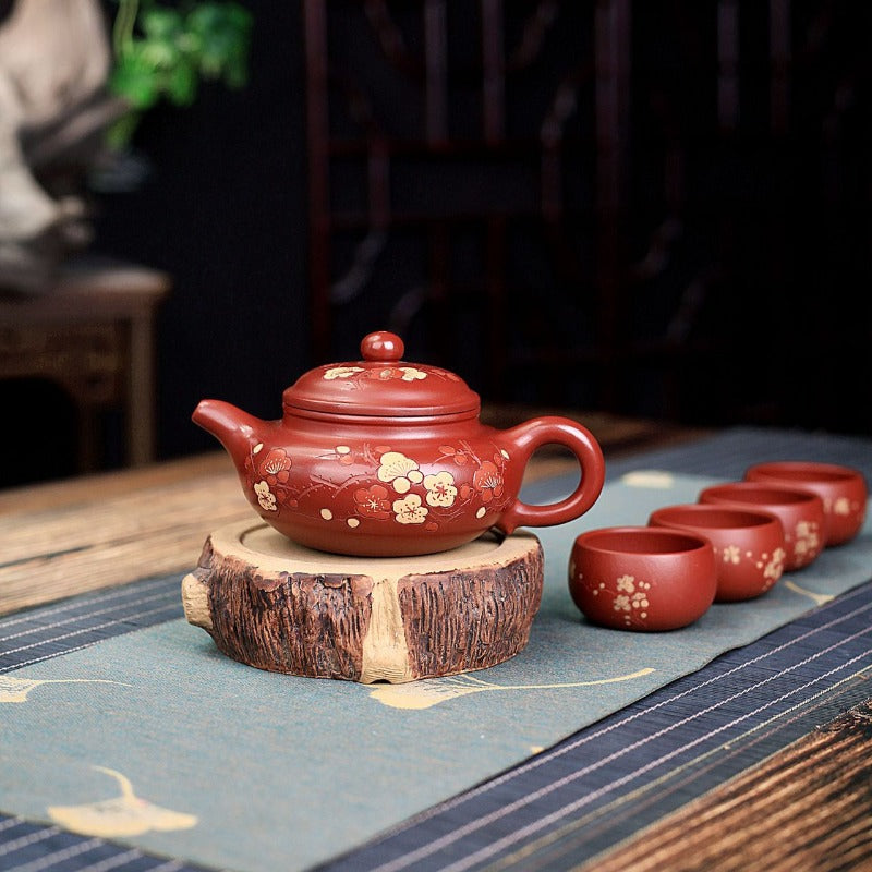 Yixing Zisha Teapot Set [Plum Blossom Fanggu] (Dahongpao - 270ml) - YIQIN TEA HOUSE | yiqinteahouse.com | 200-300ml, teapot, teaware, teaware set