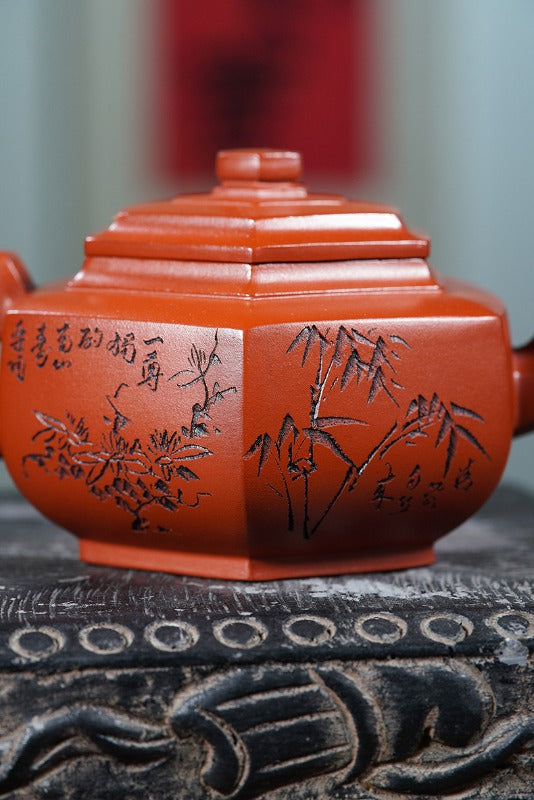 全手工宜兴紫砂茶壶【六方雪华】（朱泥 - 280ml）