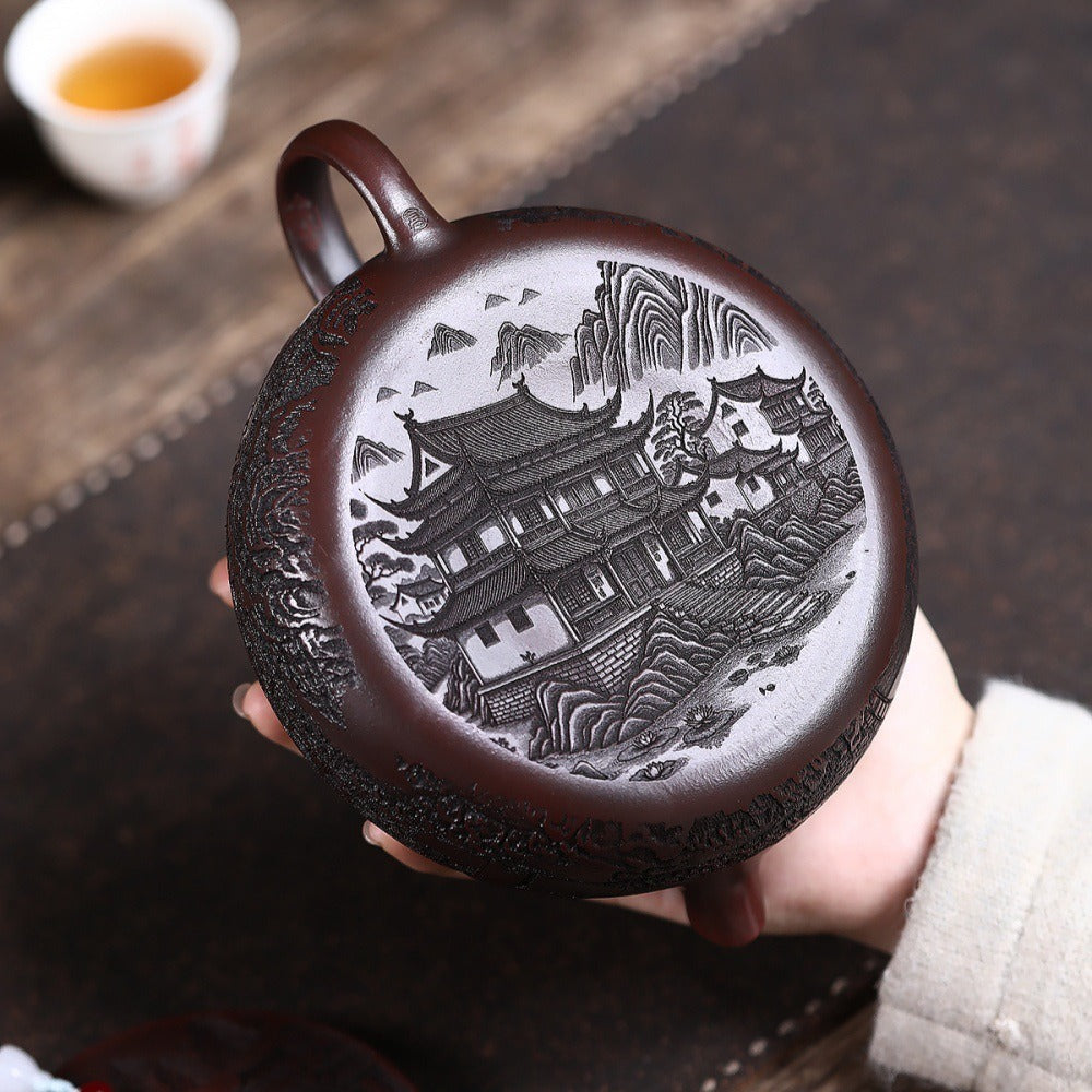 宜兴紫砂茶壶 [江南寒江] (古铜乌泥 - 650ml)