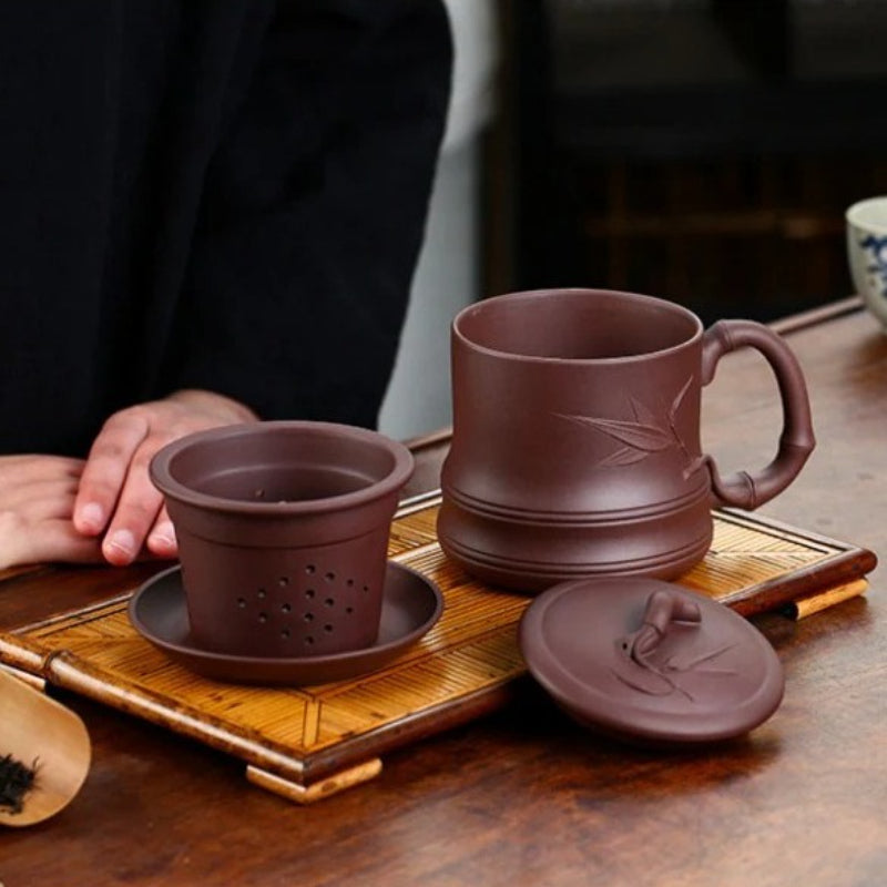 Yixing Zisha Tea Mug with Filter [Bamboo] 4pcs Set (Zi Ni - 480ml)