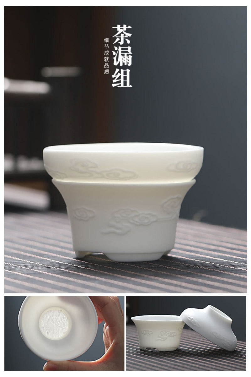Mutton Fat Jade White Porcelain 9pcs Tea Gift Set [Dragon Relief]