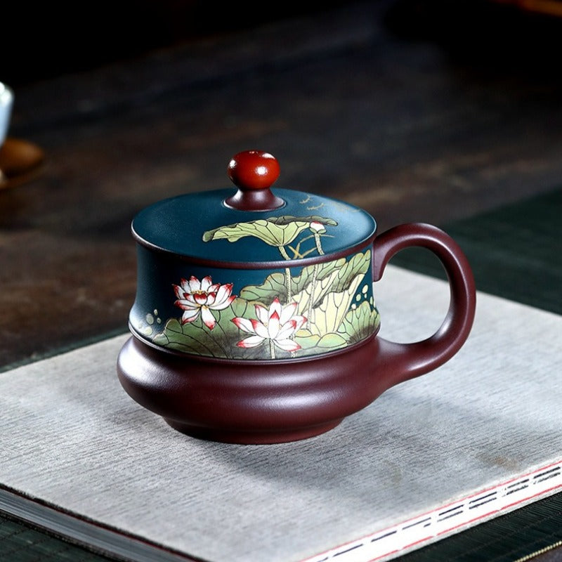 宜兴紫砂手工 [荷风] 盖杯 (绿泥/紫泥 - 420ml)