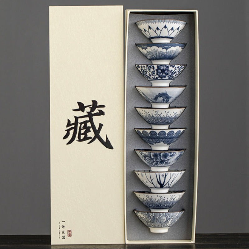 Service à thé cadeau rétro en porcelaine bleue et blanche de 10 pièces, tasses de 70 ml