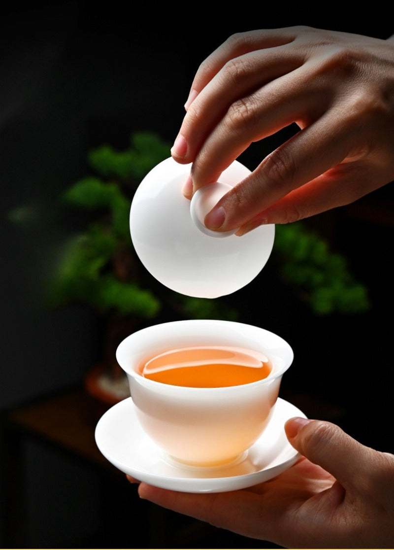 Ice Jade White Porcelain Unglazed Thin Walled Sancai Gaiwan [Ingot] 120/150/230ml