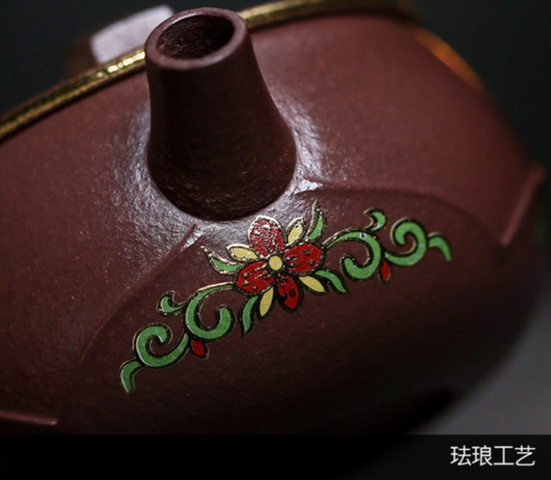 全手工宜兴紫砂茶壶 [竹影莲花] (30目紫泥 - 170ml)