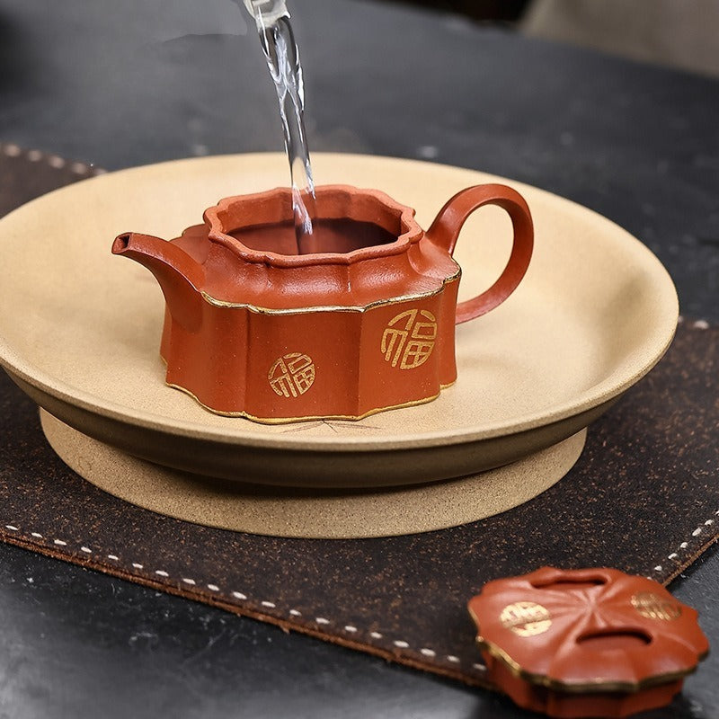 Théière Yixing Zisha entièrement faite à la main [Jin Ling Fu Wen] (Zhu Sha Zhu Ni - 150 ml)