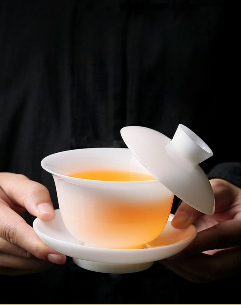 Ice Jade White Porcelain Glazed Thin Walled Sancai Gaiwan [Ingot] 120/150/200ml