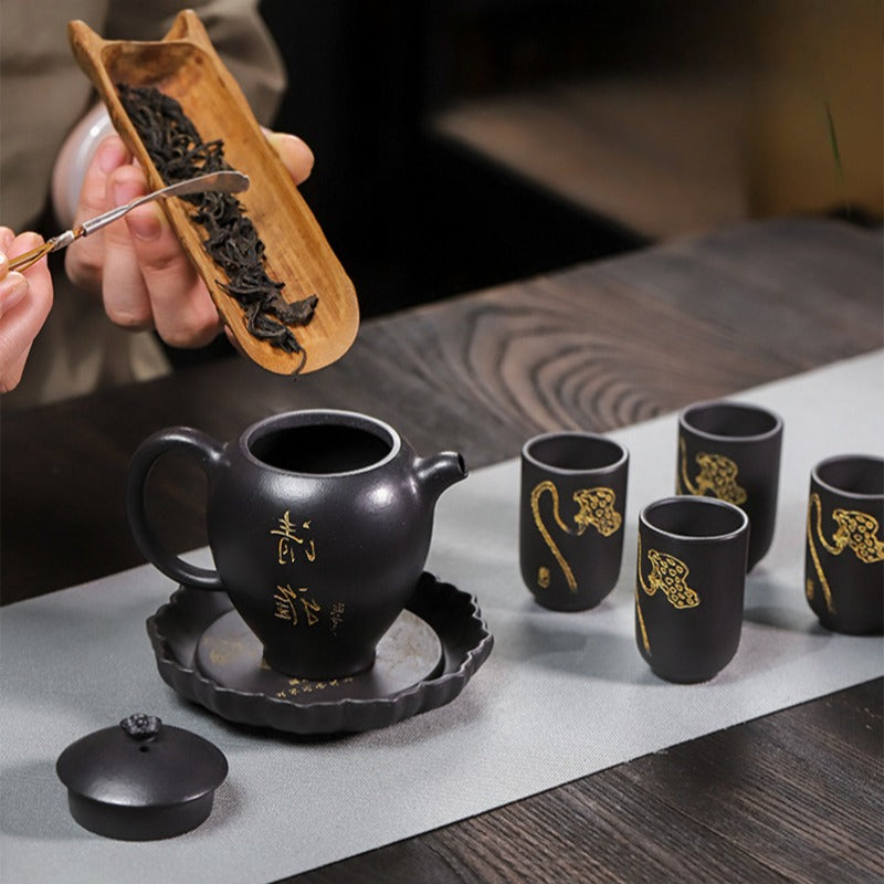 Full Handmade Yixing Zisha Teapot [Wen Xiang] 1 Pot 4 Cups with Tea Tray Set (Shi Huang - 150ml) - YIQIN TEA HOUSE | yiqinteahouse.com | <200ml, full handmade zisha teapot, teapot, teaware, teaware set