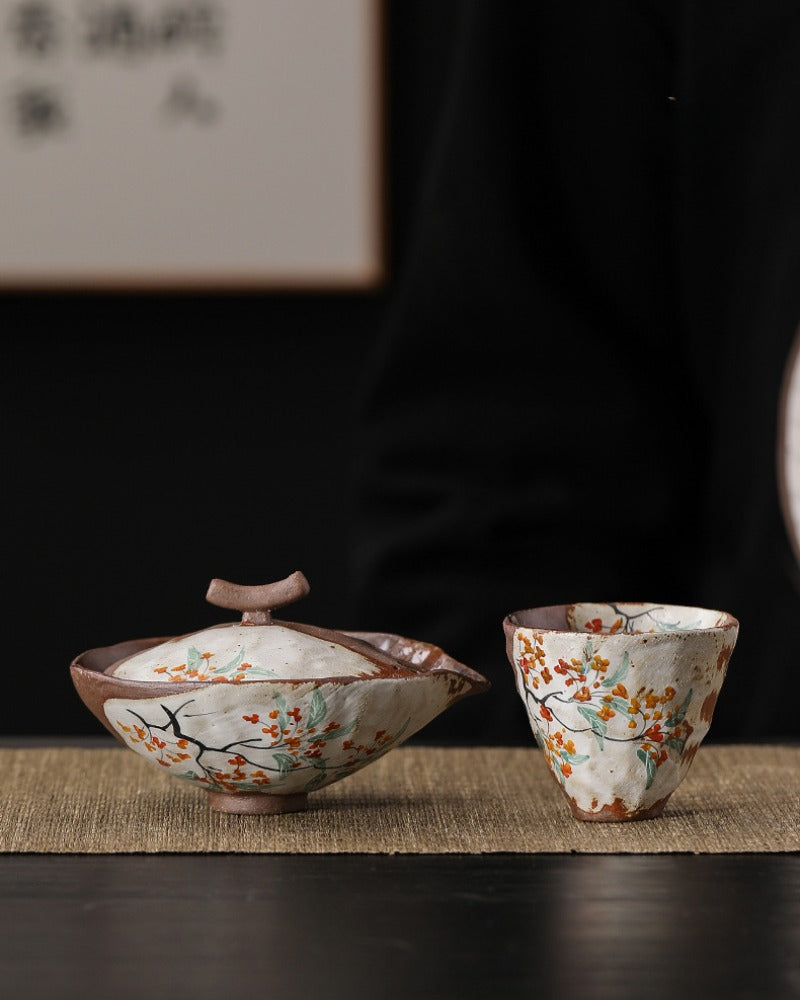 Firewood Fired Hand-painted Floral Ceramic Gaiwan / Fair Cup / Tea Cup - YIQIN TEA HOUSE | yiqinteahouse.com | ceramic teapot, fair cup, gaiwan, tea cup, teapot, teaware